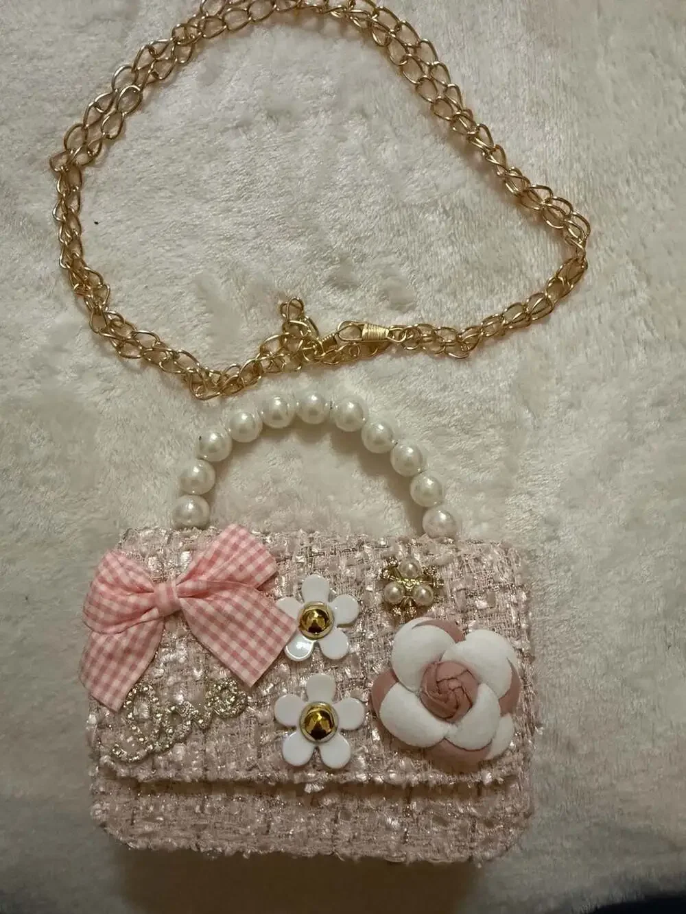 Unbranded Kids Princess Crossbody Purse Pink Tweed Handbag with Pearl Handle